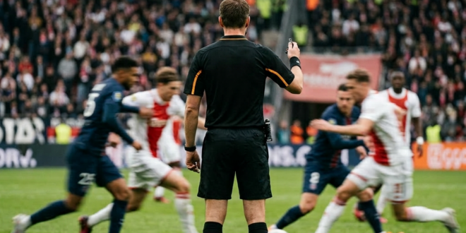 Referee standing on soccer field with players competing for the ball